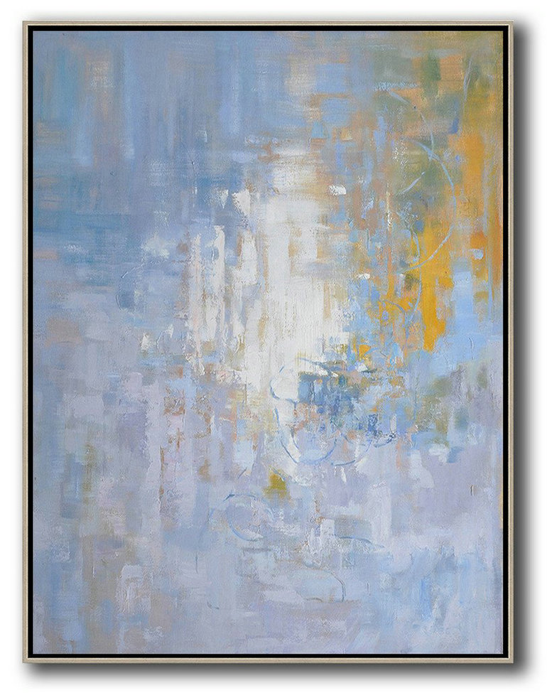 Extra Large Acrylic Painting On Canvas,Oversized Abstract Landscape Painting,Living Room Wall Art Blue,White,Yellow,Grey
